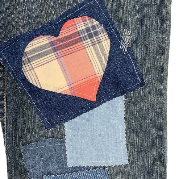 Patched Boho Jeans Pink Hearts Wide Leg Upcycled Denim Womens 4 Hydraulic - Picture 7 of 13